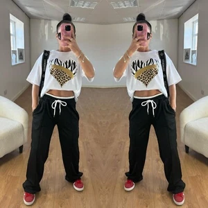 Pantaloni donna vita alta gamba larga larghi larghi larghi vestibilità morbida cotone yoga jogger - Foto 1 di 13