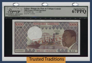 TT PK 3ds 1978-84 GABON 1000 FRANCS SPECIMEN LCG 67 PPQ SUPERB GEM FINEST KNOWN! - Picture 1 of 2