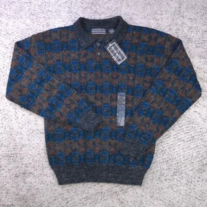VTG Geometric Sweater Mens Small David Taylor Collared Deadstock NOS Blue Gray - Picture 1 of 8