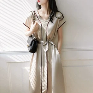 Women Satin Dress Faux Silk V-neck with Belt Business Office Work Striped Drape - Picture 1 of 13