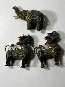 Vintage Tibetan 2 Foo Dogs & Elephant Brass Filigree Inlay Incense Burners - Picture 1 of 23