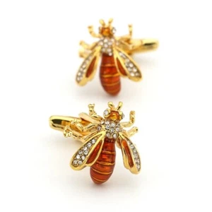 Gold Bumble Bee Crystal Silver Cufflinks Formal Business Wedding Gift Suit Shirt - Picture 1 of 4