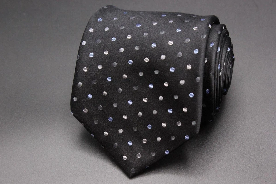 Corbata de seda NICOLE MILLER NY. Negro con lunares grises y azules. Foto 1 de 3