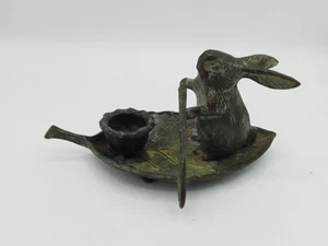 Vintage Bronze Hase Kaninchen paddelt auf einem Blatt Boot Kerzenhalter Landhaus Kern - Bild 1 von 14