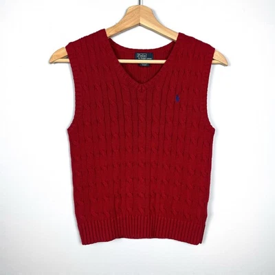 Polo Ralph Lauren Rojo Cable Tejido Algodón Poni Suéter Cuello en V Chaleco Jóvenes Niños 7 Foto 1 de 4