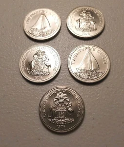1976 Bahamas 25 Cents Sailboat Proof Coins -BU Beautiful Lot of 5 (24k Minted) - Picture 1 of 2