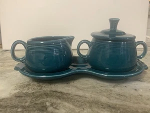 Vintage Fiestaware Teal Sugar & Cream Set Complete W/ Tray HLC USA - Picture 1 of 9