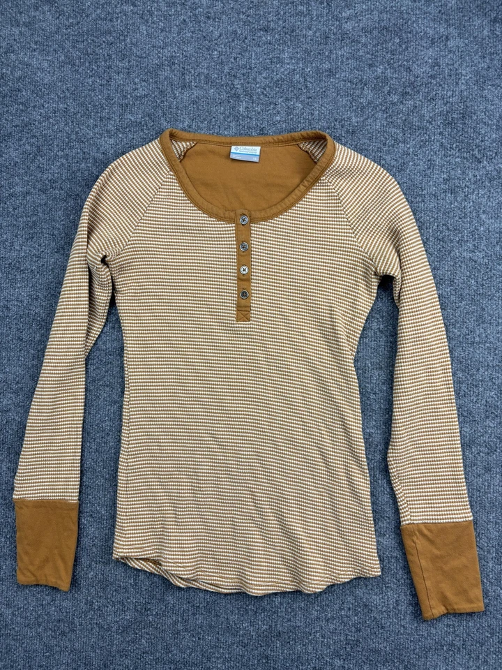 Camisa Columbia Para Mujer XS Marrón Rayas Henley Térmica Manga Larga Waffle Top Foto 1 de 4