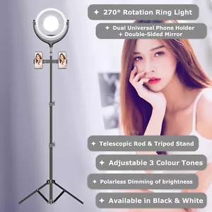 2 x NEWAVE Polarless Dimmable Rotatable 12'' LED Ring Light Mirrors Tripod Stand - Picture 1 of 20