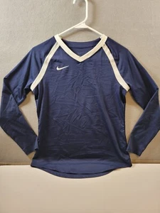 NIKE GIRLS LS Shirt ~ LARGE ~ V-neck DRI-FIT Activewear Navy Blue w/ White Trim - Picture 1 of 9