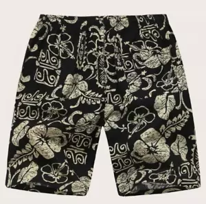 Mens Floral Print Drawstring Beach Shorts Swim Leisure Black Size Large NWT - Picture 1 of 6