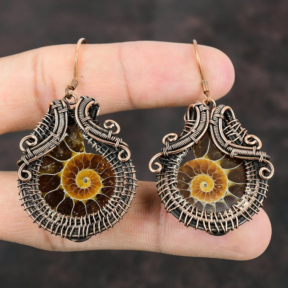 Ammonite Fossil Copper Valentine Gift Wire Wrapped Drop/Dangle Earrings 2.24" - Image 1 of 4