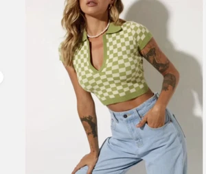 Hesperus Green Cream Checkered Crop Top Collared Sweater Medium Short Sleeve - Picture 1 of 7