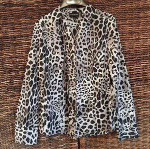 Lane Bryant Shirt Womens 14 Gray Leopard Print Collared Button Up Blouse Office - Picture 1 of 7
