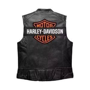 Harley Davidson Men's Genuine Leather Café Moto Biker Vest Black Motorcycle - Picture 1 of 4