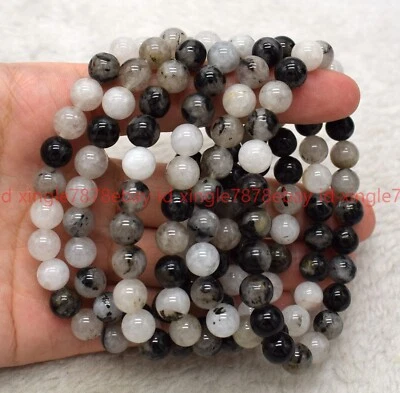 6 Pcs Natural 6/8/10mm Black Rutilated Quartz Round Gemstone Bead Bracelet 7.5in - Image 1 of 4