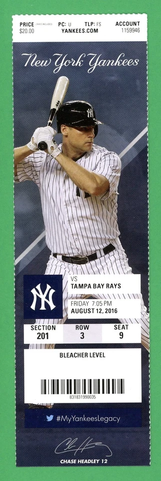 Alex Rodriguez Arod Final Career Game Last Hit RBI Mint Ticket 8/12/16 Headley - Image 1 of 1