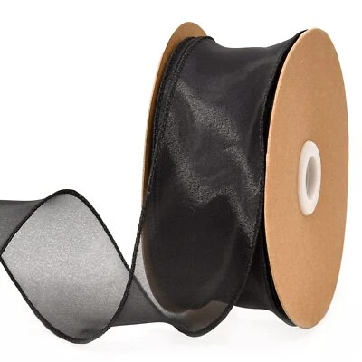 Cinta de organza transparente de 1,5 pulgadas negra nudo ondulado cinta con cable 25 yardas para regalo... Foto 1 de 4