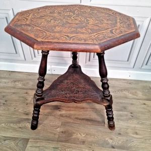 Antique Carved Oak Nonagonal Table – Arts & Crafts Side Lamp Table Liberty & Co - Picture 1 of 24