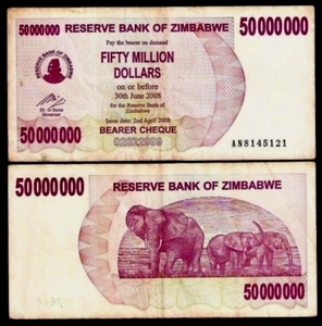 Zimbabwe 50000000 DOLLARS 50 Million P-57 2008 100 Trillion Series Elephant NOTE - Picture 1 of 4