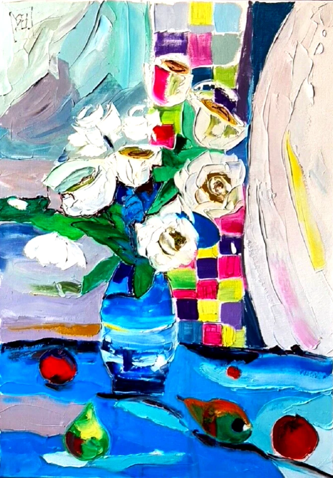 Lienzo Grande 27" ORIGINAL Pintura al Óleo Rosas Arte Pop Flor 3D Moderno Firmado Foto 1 de 4