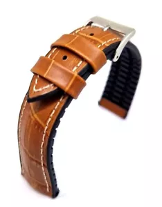 Uhrenarmband hellbraun wasserfest 20mm Kautschuk + Leder mit Kroko Prägung / 26 - Bild 1 von 7