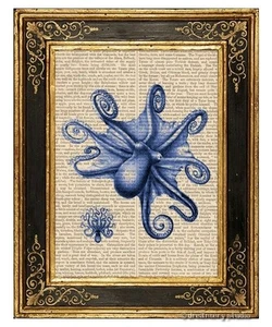 Pulpo azul #2 impresión artística en página de libro vintage oficina decoración del hogar tentáculos regalos - Imagen 1 de 3