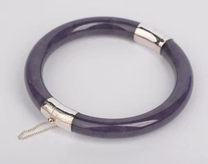 Vintage Purple Jade Bangle Bracelet w/ Silver Clasp & Safety Chain 41g - Picture 1 of 8