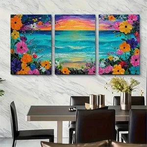 3pcs Vibrant Floral And Ocean Sunset Perfect Wall Art Canvas Unframed/Framed - Picture 1 of 9