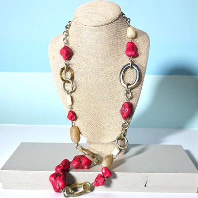 Collar CHICO'S Tono Dorado Rojo Imitación Piedra y Cuentas C457 Foto 1 de 4