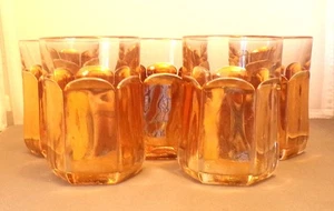 Five Drinking Gold-Colored-Plated Glasses with Hexigonal Sides, Somewhat Worn - Picture 1 of 2