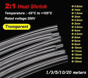 Tuyau rétractable 0,8 mm - 15 mm 2:1 transparent transparent Heatshrink tuyau sleeving - Photo 1/7