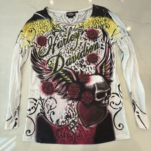 Harley-Davidson Women’s L Long Sleeve Shirt Skull Roses Wings Tattoo Style USA - Picture 1 of 11