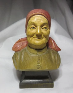 Hans Huggler Wyss Hand Carved & Painted Wood Bust of Old Woman 4.25" Swiss EUC - Picture 1 of 8