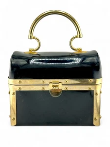 Borsa a mano vintage anni 60 Harry Rosenfeld in pelle verniciata nera scrigno del tesoro - Foto 1 di 9