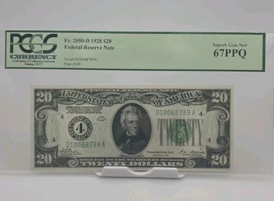 1928 $20 Federal Reserve Note PCGS 67PPQ Cleveland Fr 2050-D SUPERB GEM NEW - Image 1 of 2