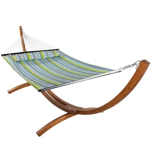 2-Person Quilted Hammock with Curved Wooden Stand - Blue/Green by Sunnydaze - Picture 1 of 8