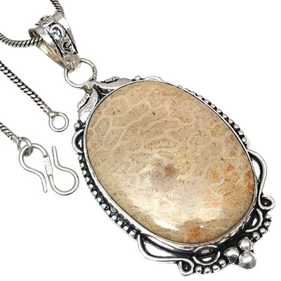 Pendant Fossil Coral Gemstone Valentine'Day Gift Silver Jewelry 2.75" - Image 1 of 4