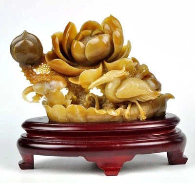 天然 Hetian Nephrite 玉莲花雕像 雕塑 雕刻 带证书 — 第 1/4 张图片