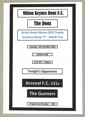 MILTON KEYNES DONS v ARSENAL U21s 08.10.24 EFL TROPHY PROGRAMME - Image 1 of 3