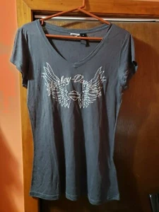Harley Davidson Womens Winged Burnout Charcoal V-Neck 99105-13VW Medium NWOT - Picture 1 of 4