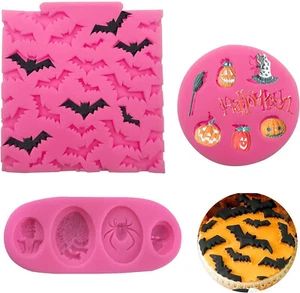 3Pcs Mini Halloween Cake Fondant Molds Bat Pumpkin Spider Skull Chocolate resin - Picture 1 of 6