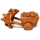 Y7210 - 20 Years Old 2 " Hand Carved Boxwood Netsuke : Mouse Pushing Cart