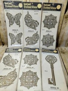 6 Vtg Decorcal Self Self Adhesive Stain Glass Gold Butterflies, Key & Squares - Picture 1 of 8