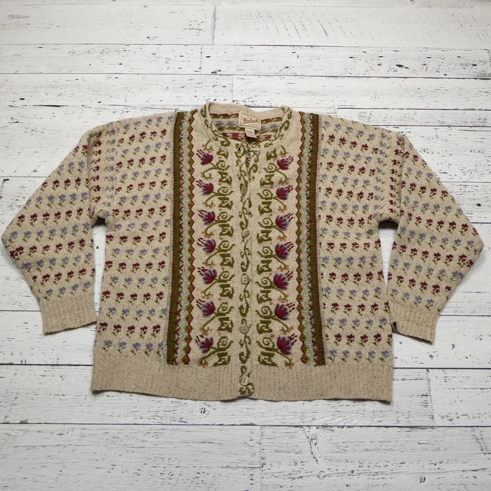 Vintage Woolrich Cardigan Sweater Womens L Beige Wool Silk Button Up Embroidered - Image 1 of 4