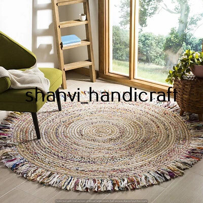 Reversible 90x90 CM Braided Natural Round Multi Colour Jute Rug Floor Mat Decor - Image 1 of 3