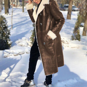 Women Jacket Mid Length Outwear Ladies Faux PU Winter Warm Long Sleeve Overcoats