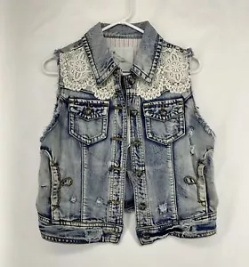 NWT BKE White Crow Women's Size Medium Sleeveless Embellished Jean Vest Lace - Picture 1 of 9