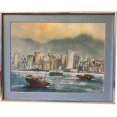 Victoria Harbour Hong Kong Art Stevens Signed Original Watercolour Painting Vtg. - Image 1 of 4