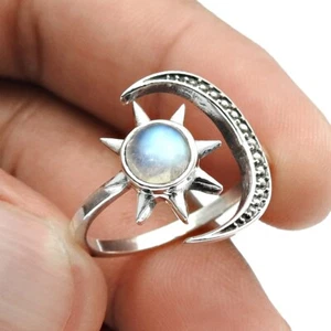 Cuarzo Rosa Piedra Plata Maciza de Moda Cóctel Sol y Luna Anillo Joyería Talla 9 - Imagen 1 de 8